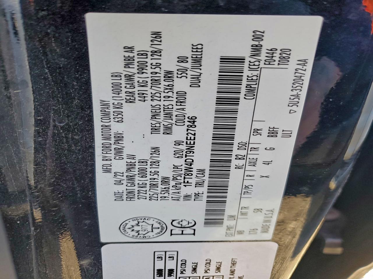 2022 Ford F450 Super Duty VIN: 1FT8W4DT9NEE27846 Lot: 96253905