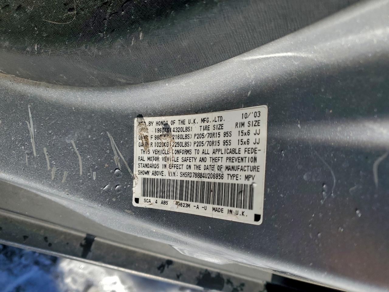 2004 Honda Cr-V Ex VIN: SHSRD78884U206956 Lot: 97014065