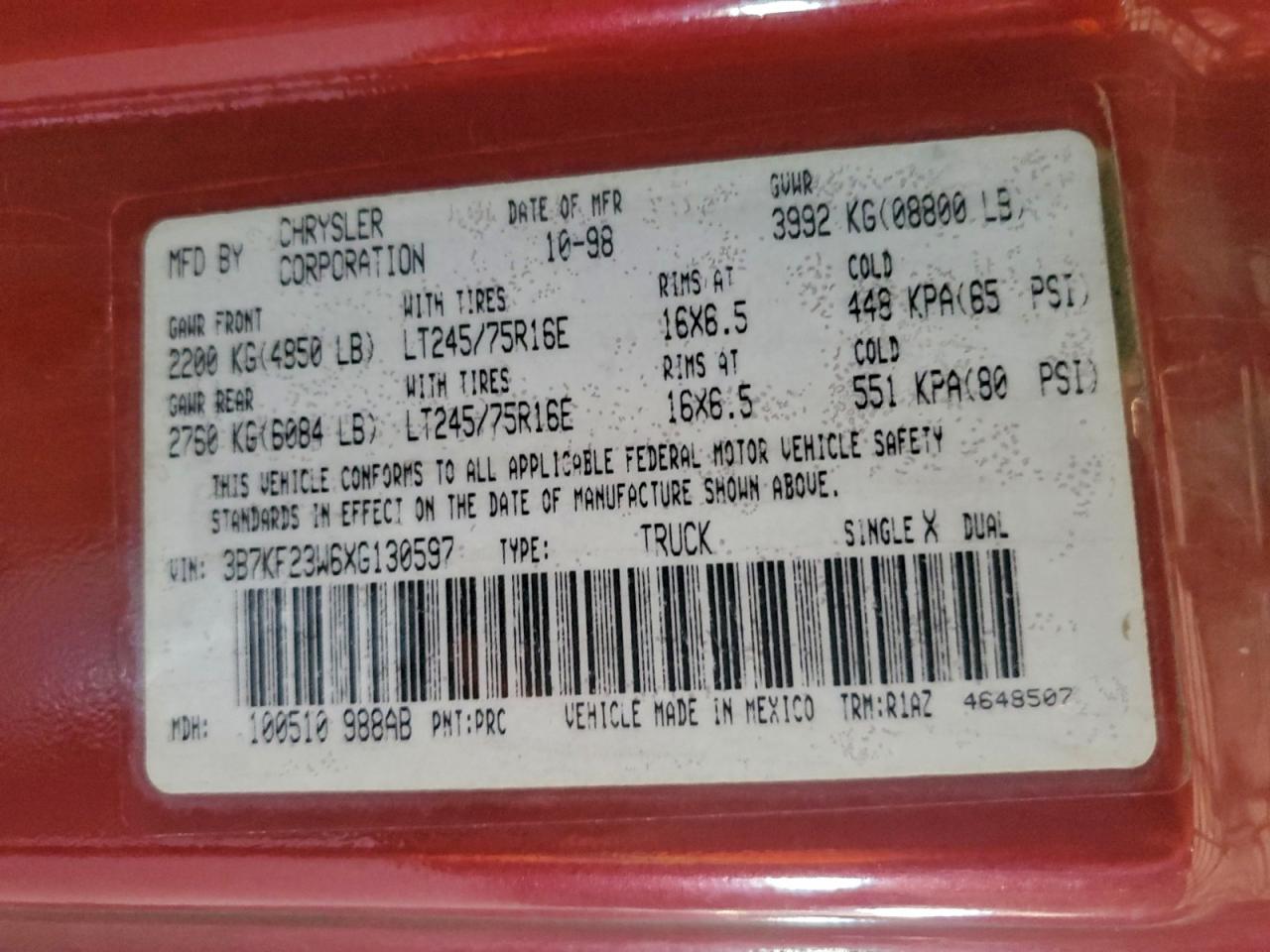 1999 Dodge Ram 2500 VIN: 3B7KF23W6XG130597 Lot: 96198045