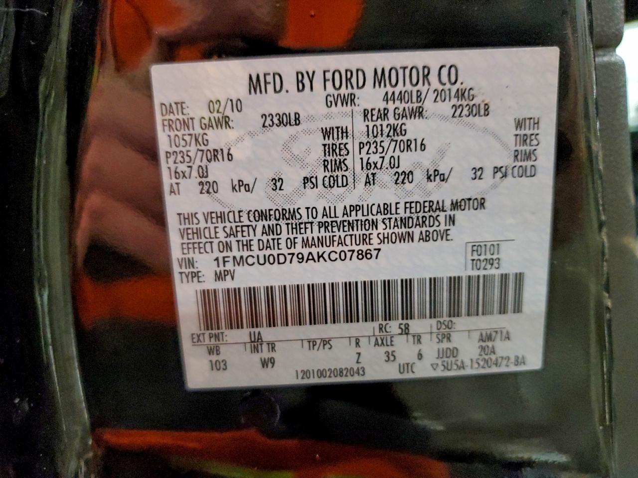 2010 Ford Escape Xlt VIN: 1FMCU0D79AKC07867 Lot: 95971775