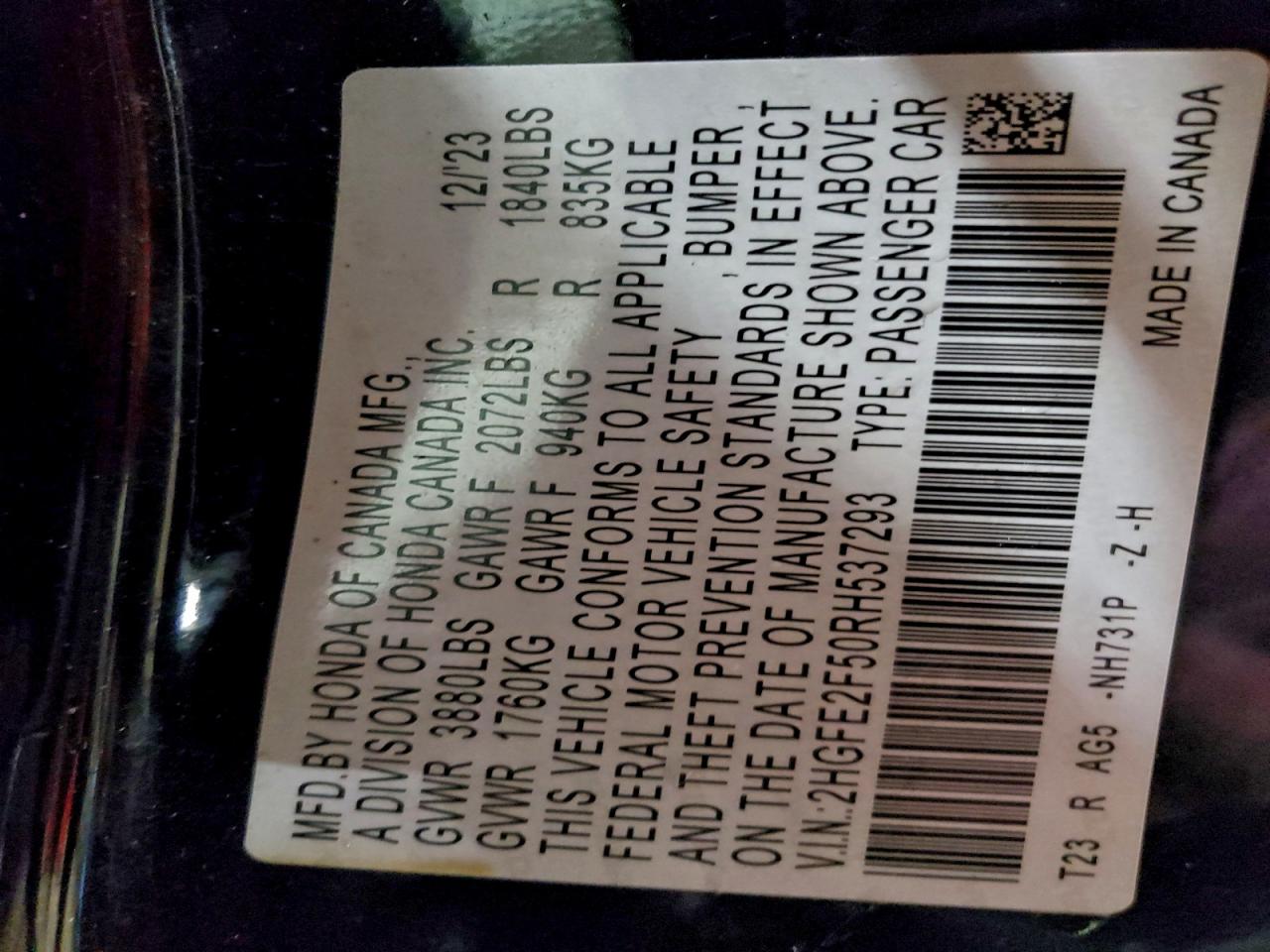 2024 Honda Civic Sport VIN: 2HGFE2F50RH537293 Lot: 94632145