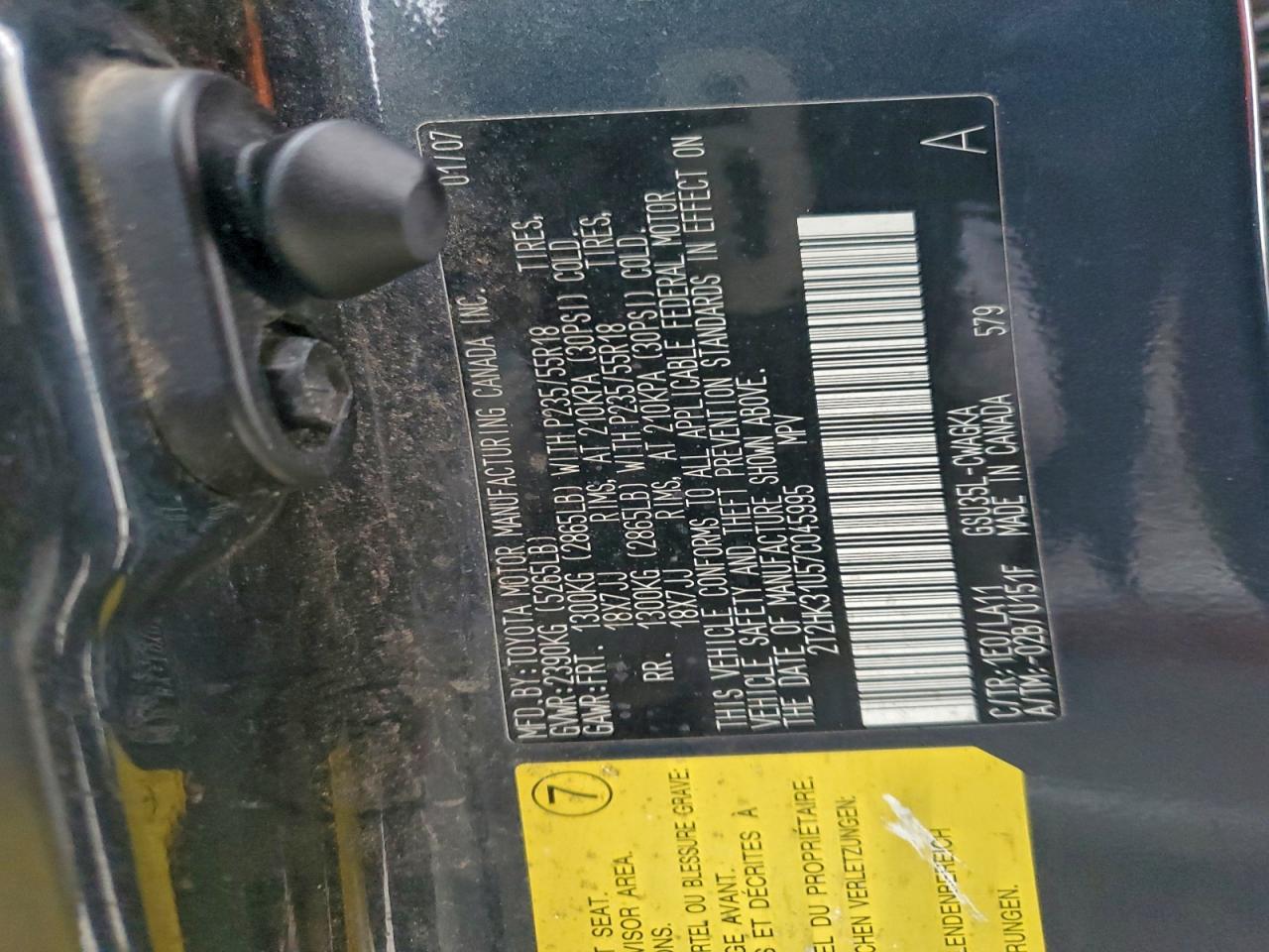 2007 Lexus Rx 350 VIN: 2T2HK31U57C045995 Lot: 95910005