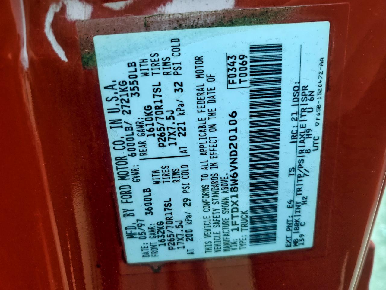 1997 Ford F150 VIN: 1FTDX18W6VND20106 Lot: 93989625