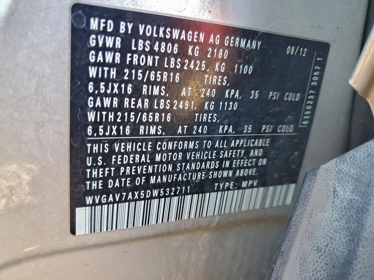 2013 Volkswagen Tiguan S VIN: WVGAV7AX5DW532711 Lot: 96375745