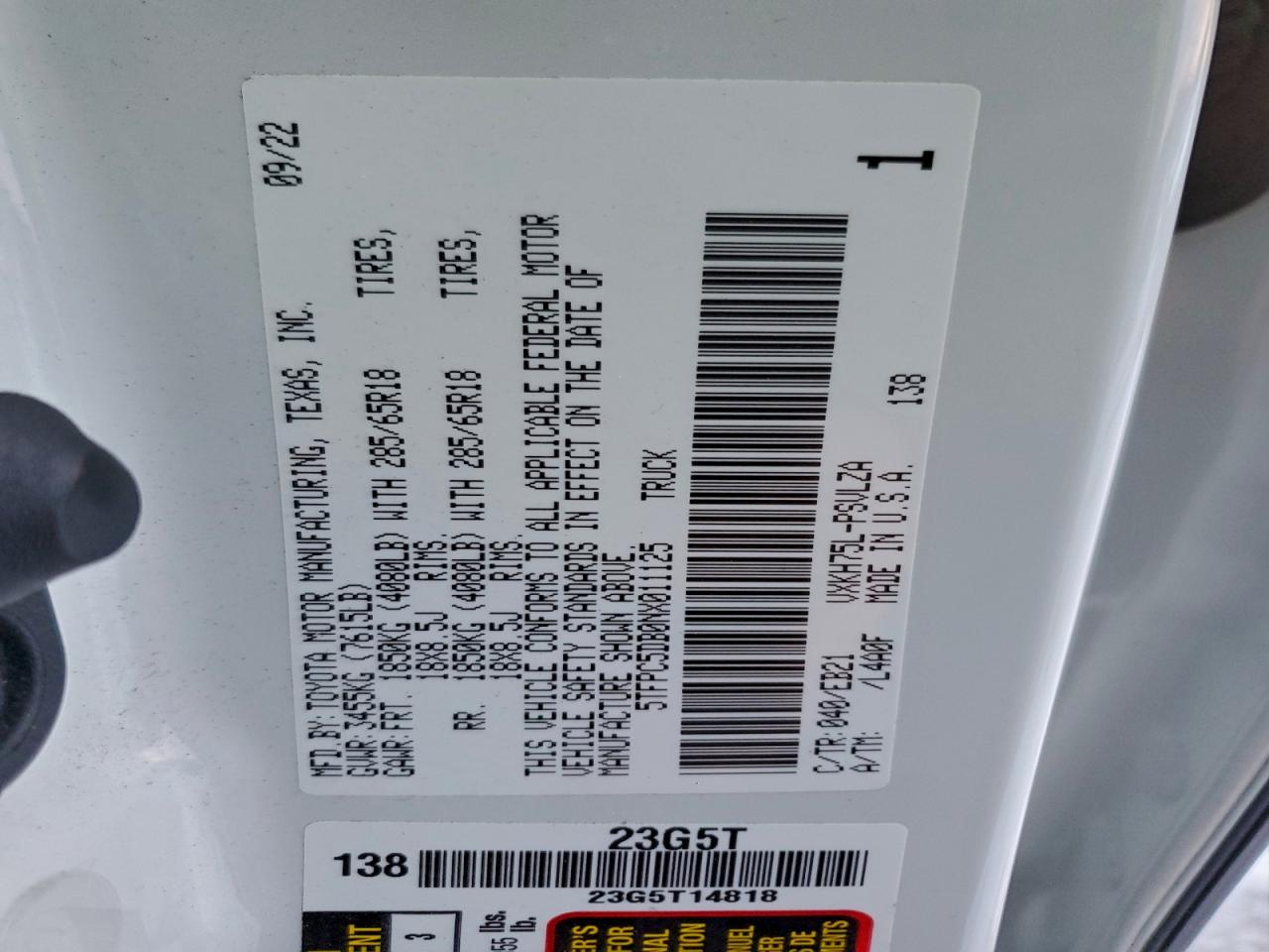 2022 Toyota Tundra Crewmax Limited VIN: 5TFPC5DB0NX011125 Lot: 95668005