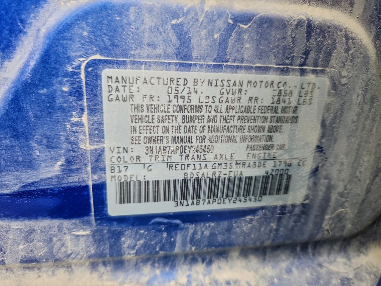 2014 Nissan Sentra S VIN: 3N1AB7AP0EY245450 Lot: 97034905