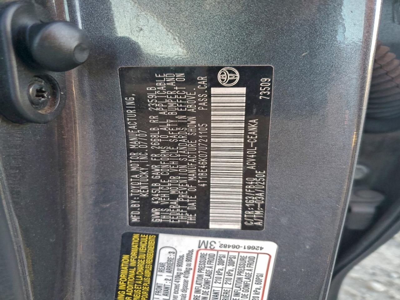 2007 Toyota Camry Ce VIN: 4T1BE46K07U721105 Lot: 95002155