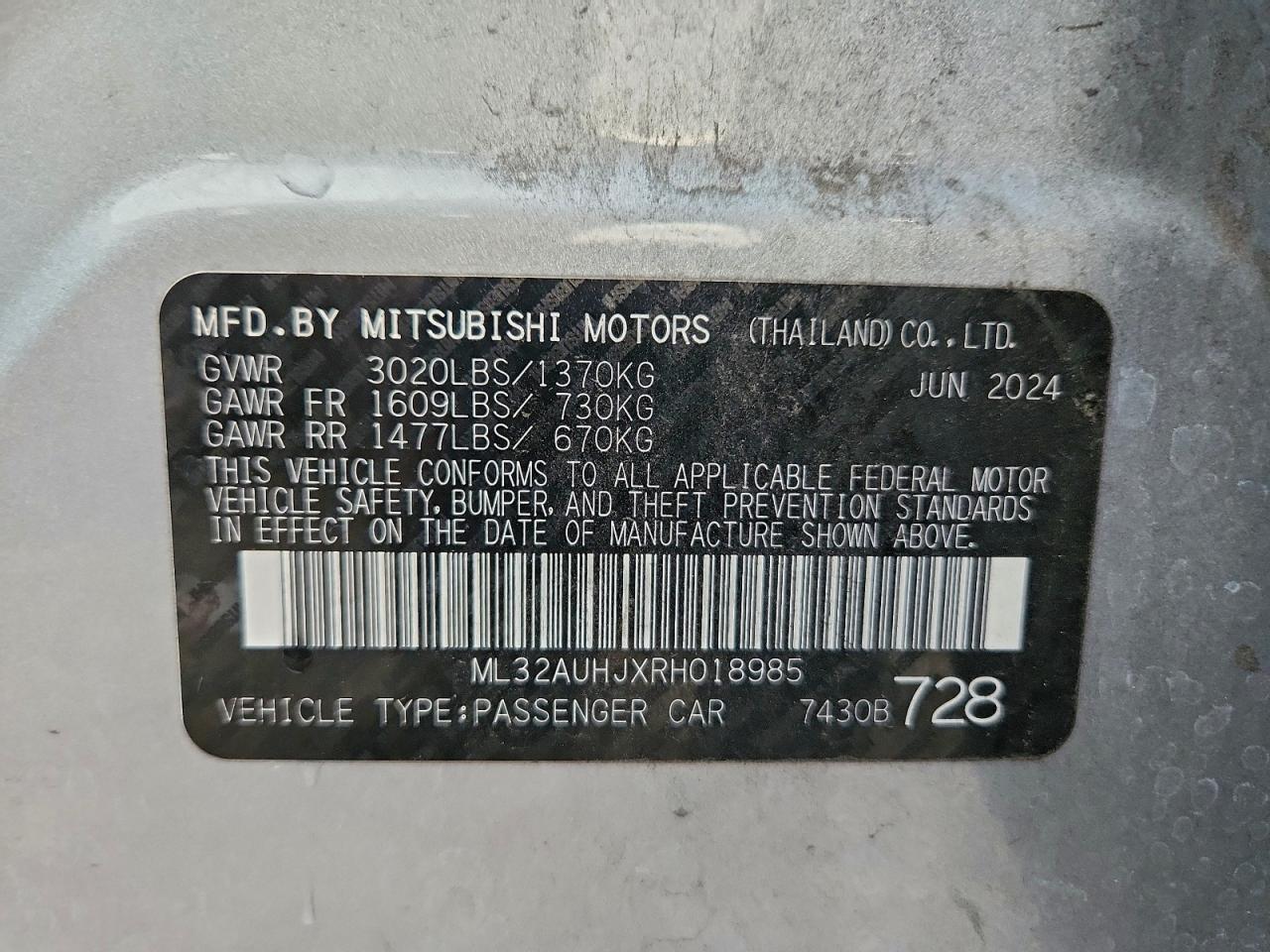 2024 Mitsubishi Mirage Es VIN: ML32AUHJXRH018985 Lot: 95510945