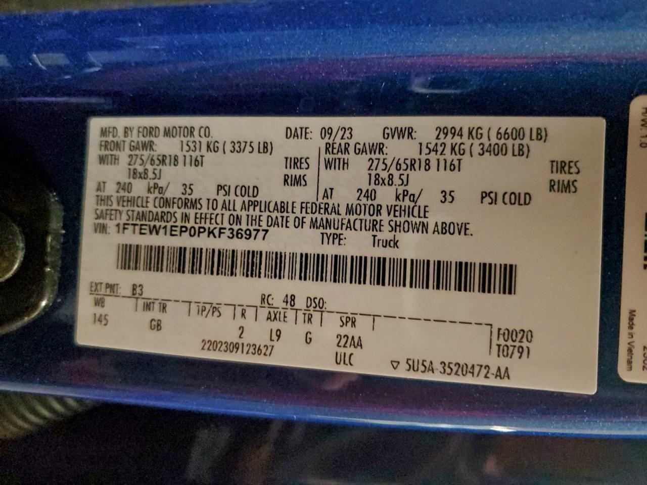 2023 Ford F150 Supercrew VIN: 1FTEW1EP0PKF36977 Lot: 96082725