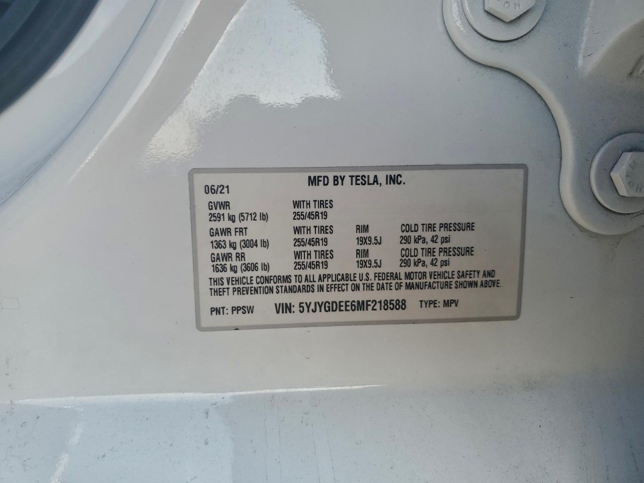 2021 Tesla Model Y VIN: 5YJYGDEE6MF218588 Lot: 94763425