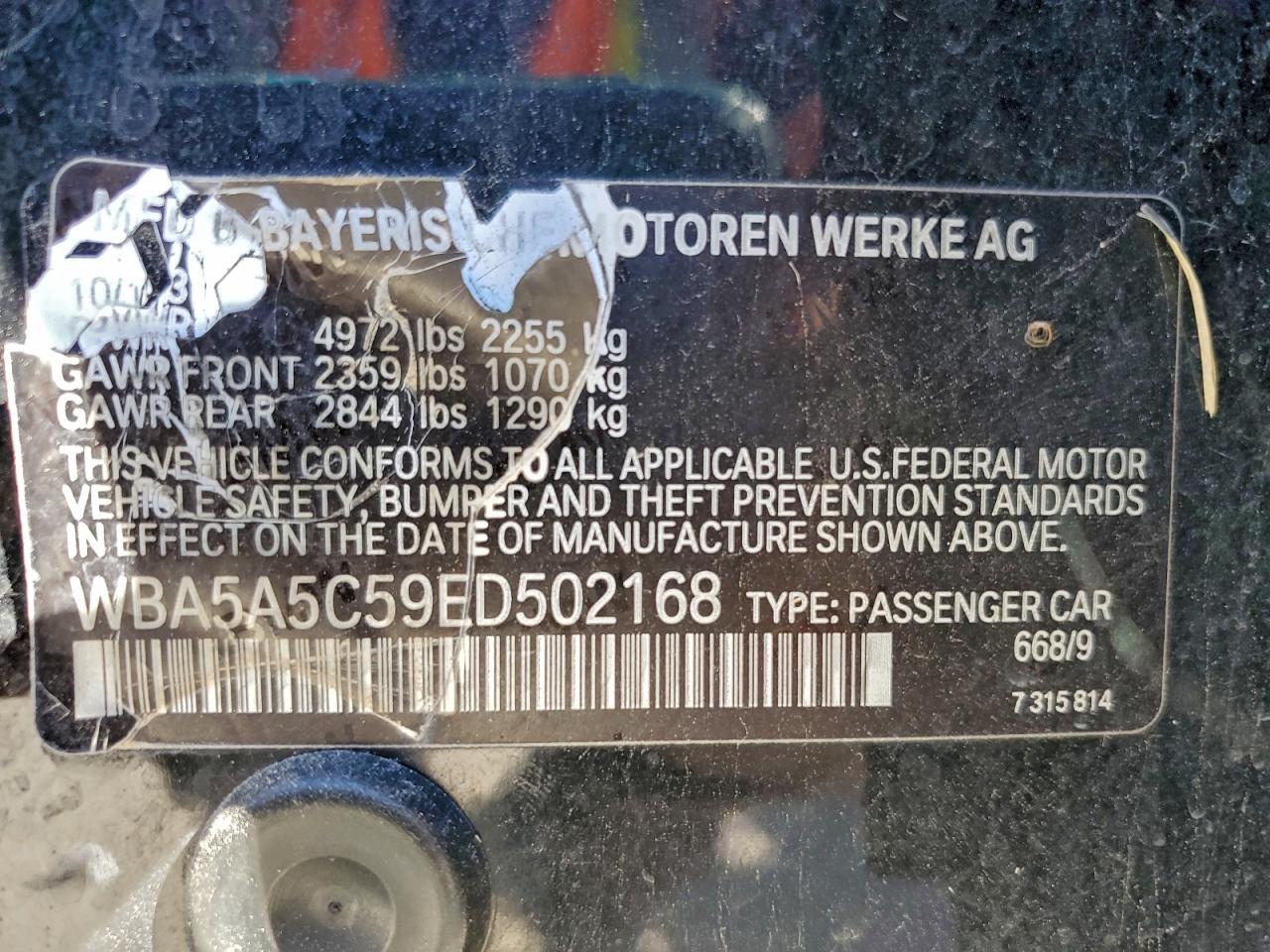 2014 BMW 528 I VIN: WBA5A5C59ED502168 Lot: 95913815