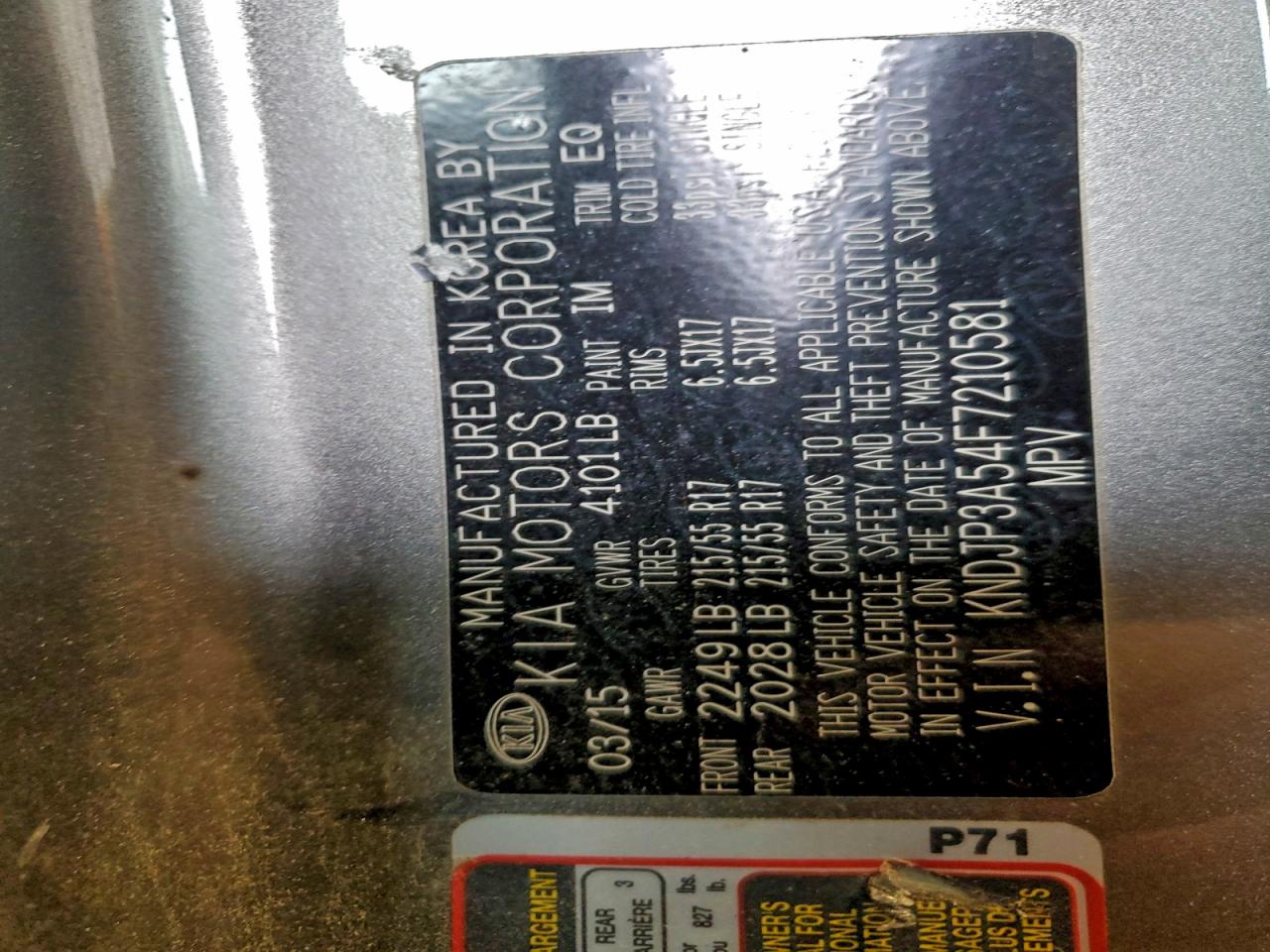 2015 Kia Soul + VIN: KNDJP3A54F7210581 Lot: 95935345