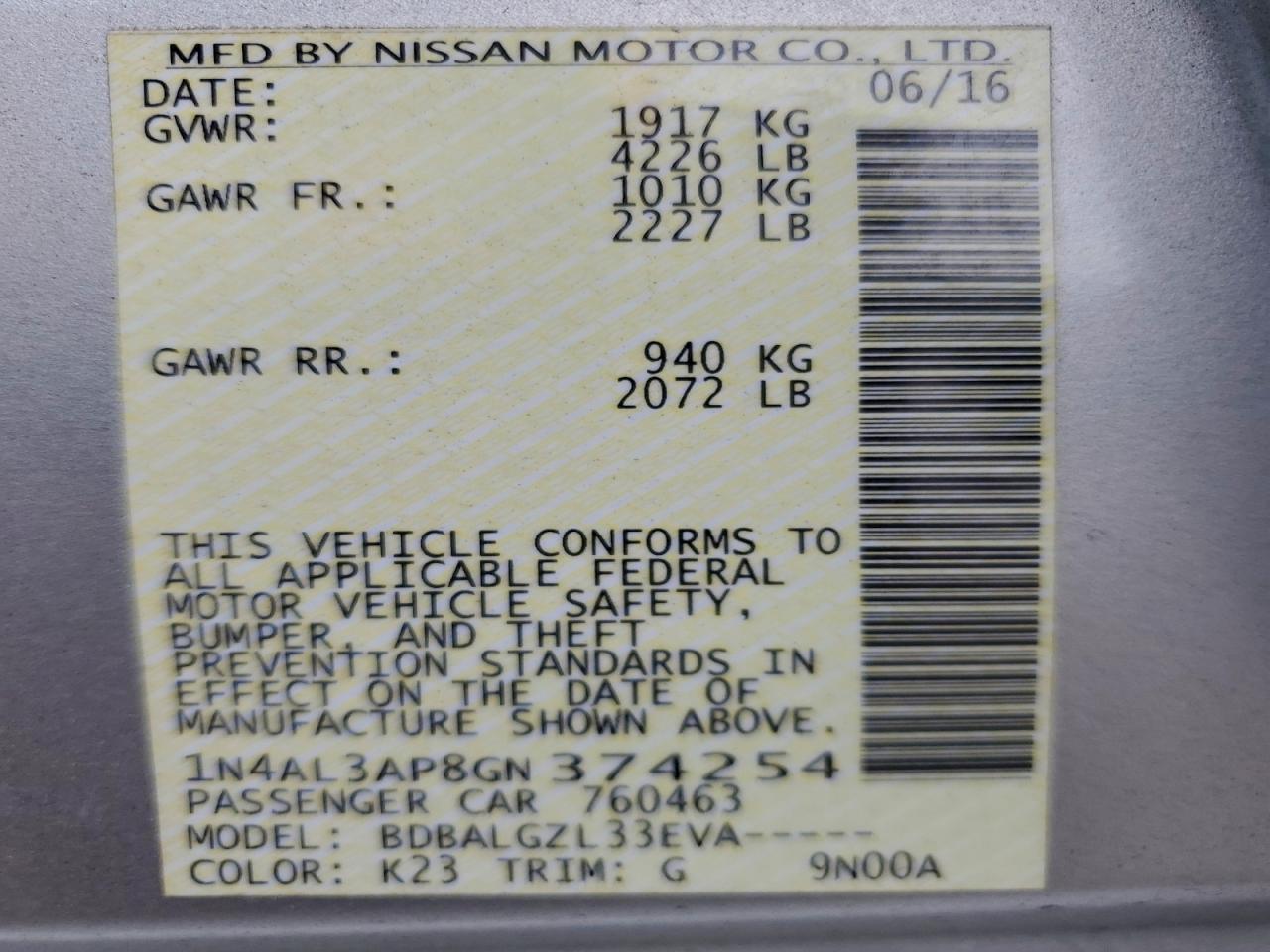 2016 Nissan Altima 2.5 VIN: 1N4AL3AP8GN374254 Lot: 96238845