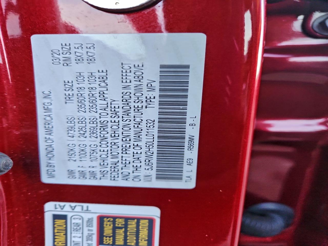 2020 Honda Cr-V Ex VIN: 5J6RW2H50LL011532 Lot: 94962575