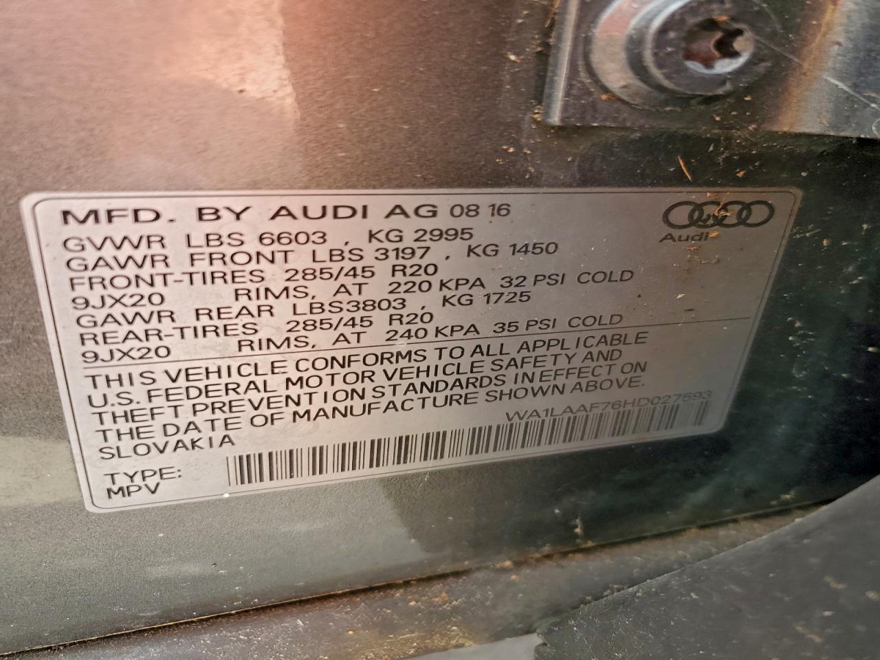 2017 Audi Q7 Premium Plus VIN: WA1LAAF76HD027593 Lot: 95123875