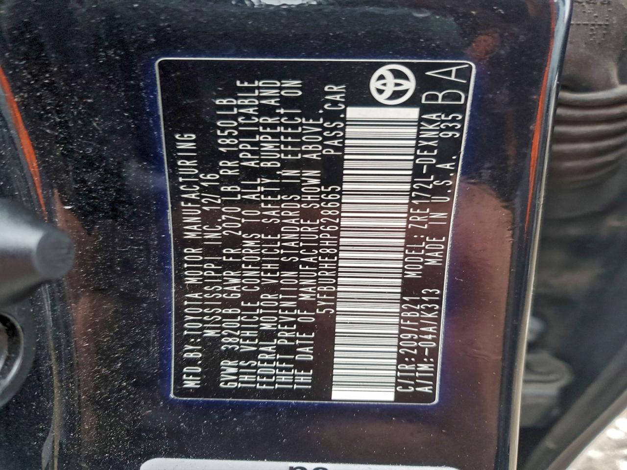 2017 Toyota Corolla L VIN: 5YFBURHE8HP628665 Lot: 94474745