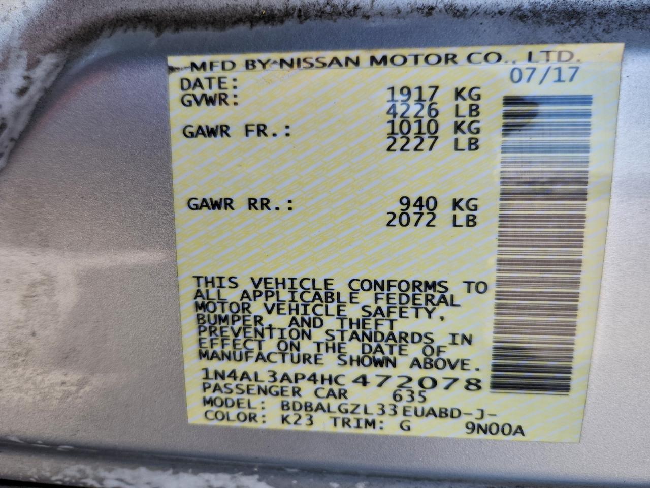 2017 Nissan Altima 2.5 VIN: 1N4AL3AP4HC472078 Lot: 95396765