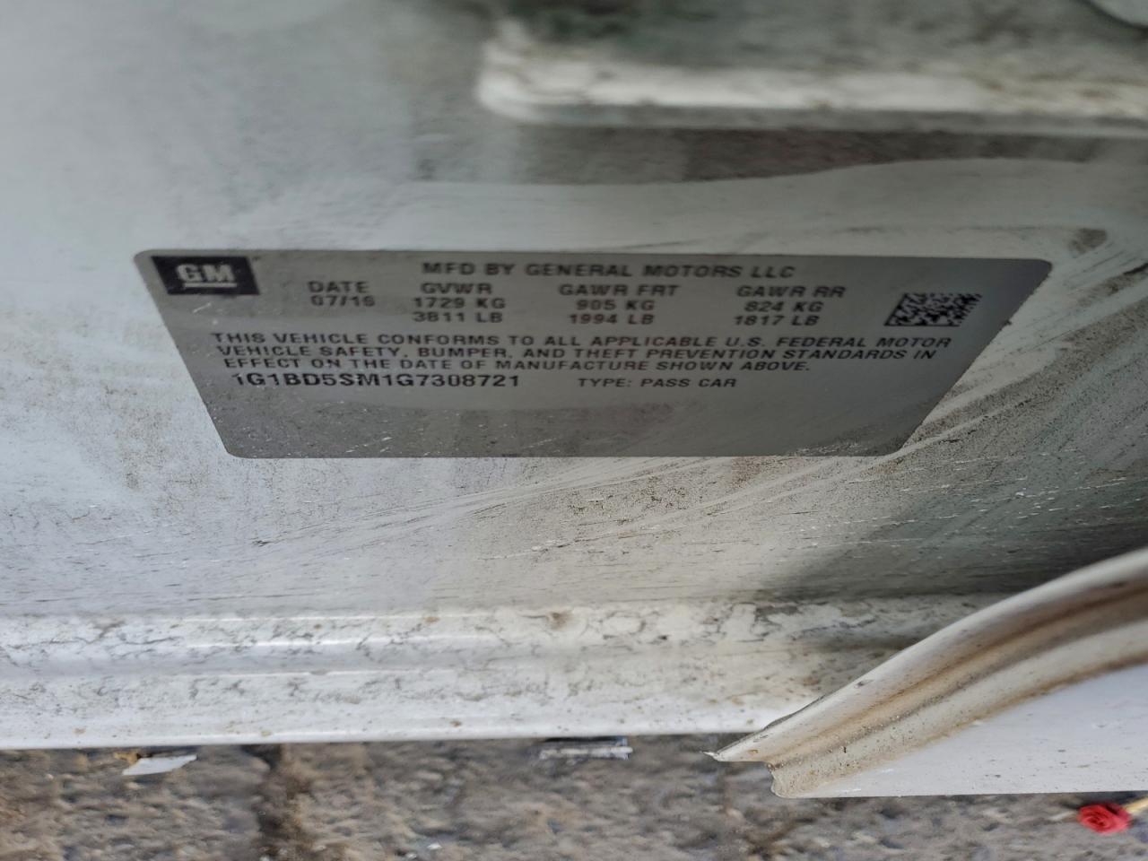 2016 Chevrolet Cruze Lt VIN: 1G1BD5SM1G7308721 Lot: 96377605