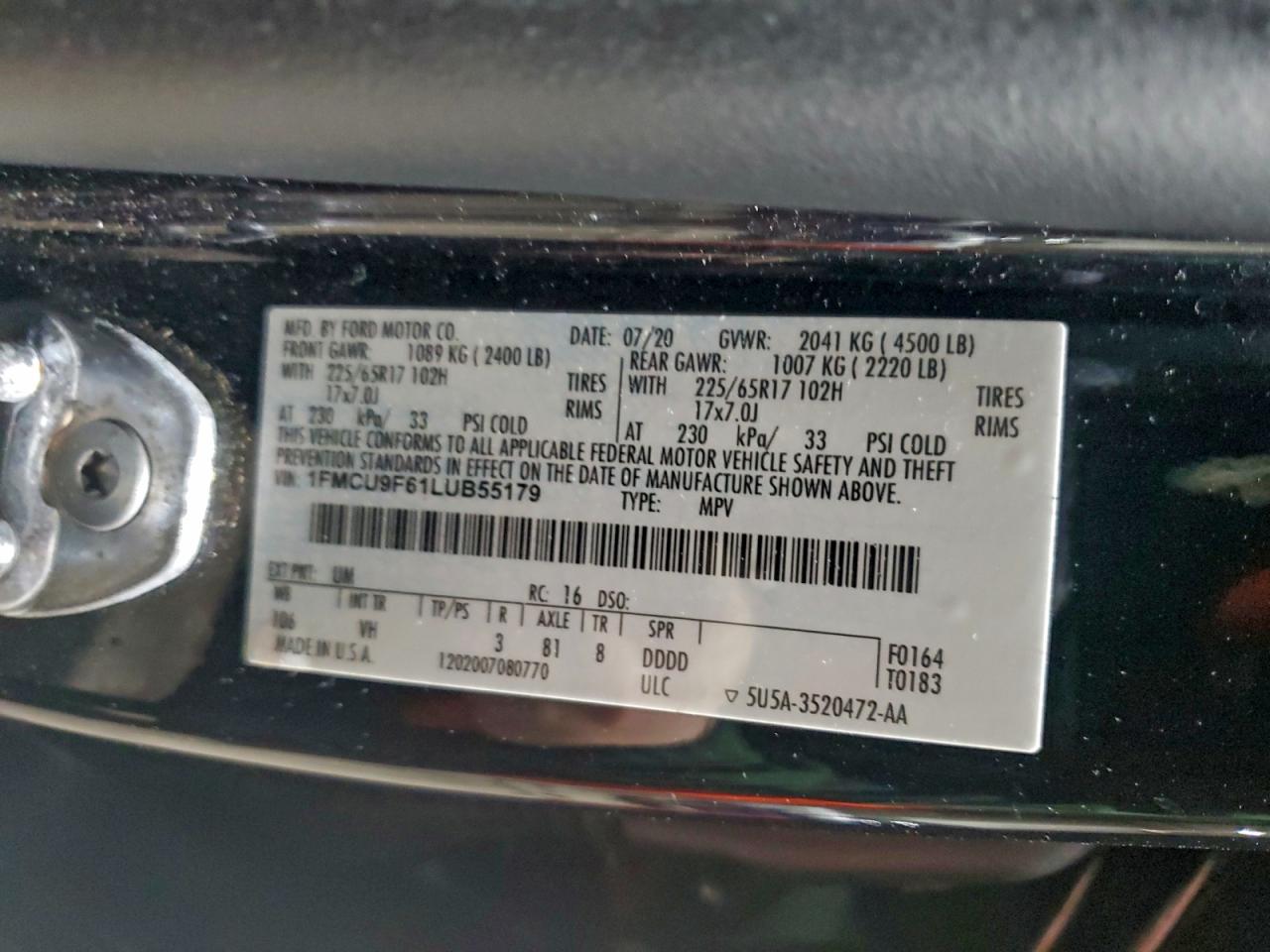 2020 Ford Escape S VIN: 1FMCU9F61LUB55179 Lot: 94782515