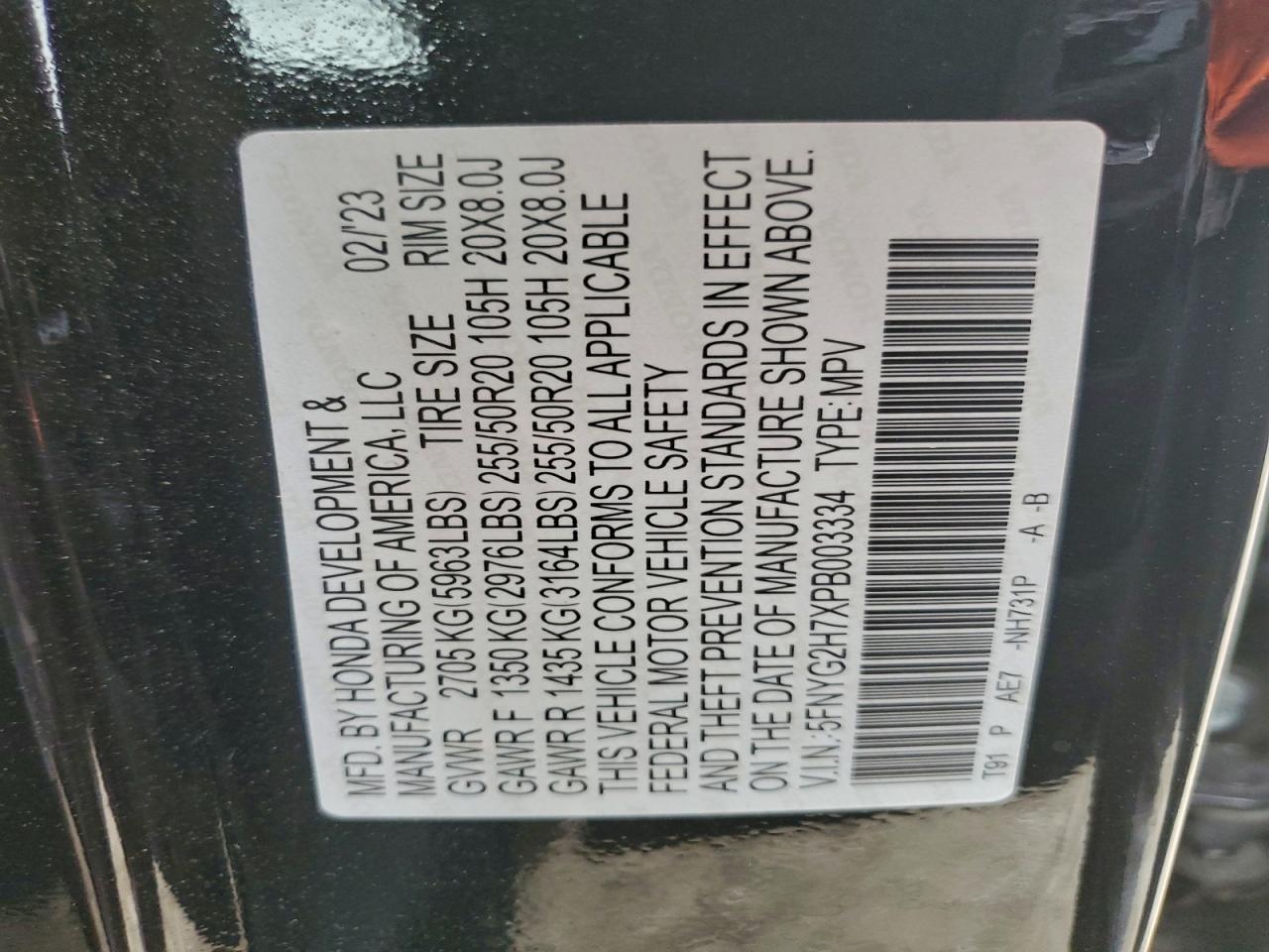 2023 Honda Pilot Touring VIN: 5FNYG2H7XPB003334 Lot: 95430665