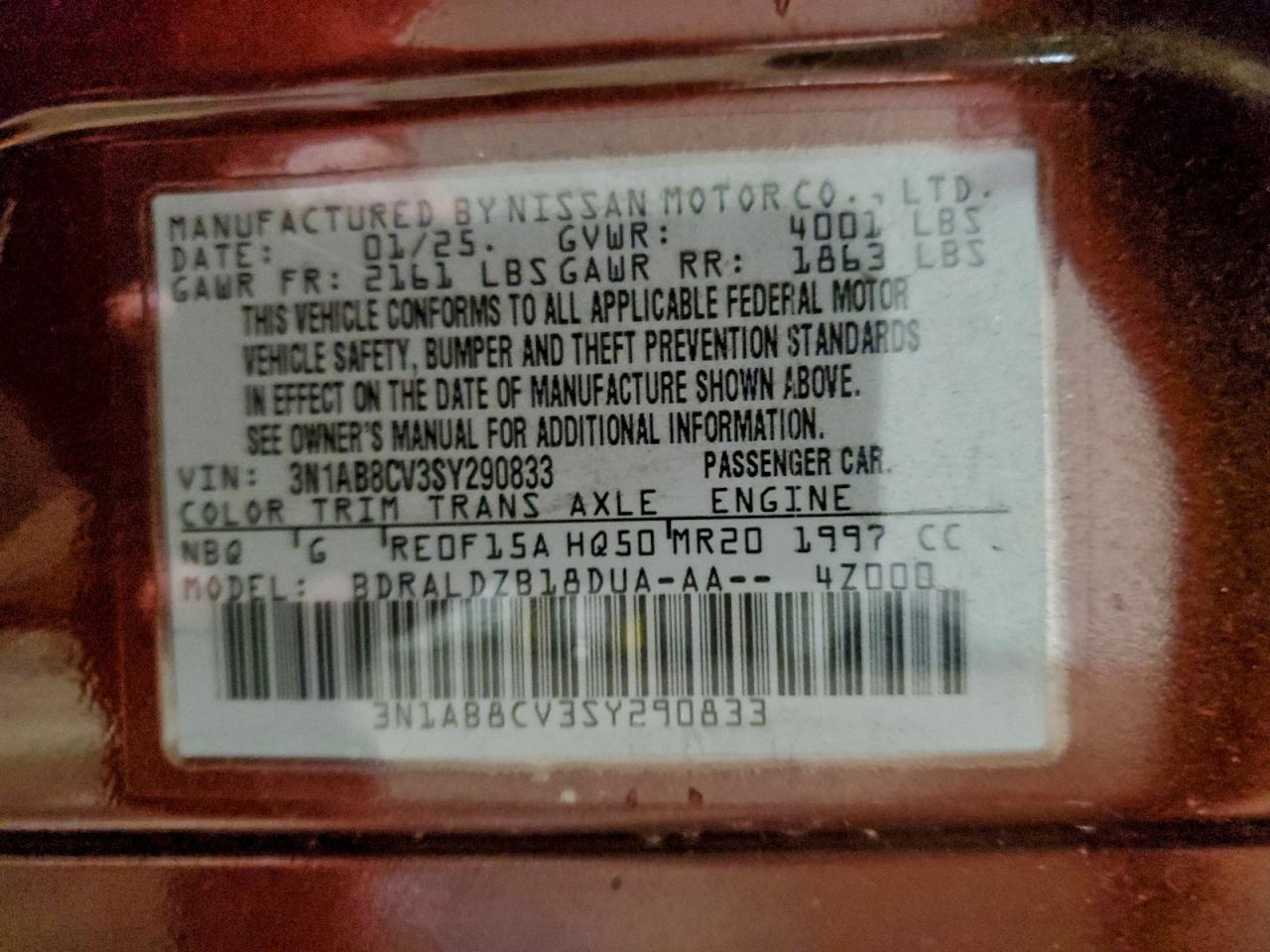 2025 Nissan Sentra Sv VIN: 3N1AB8CV3SY290833 Lot: 95307255