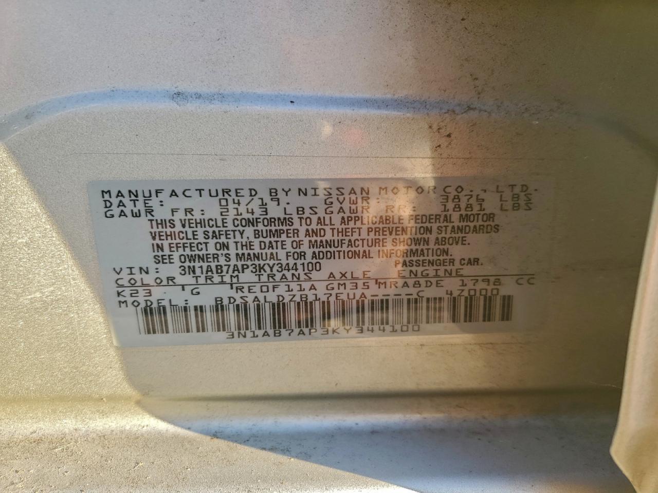 2019 Nissan Sentra S VIN: 3N1AB7AP3KY344100 Lot: 95961125