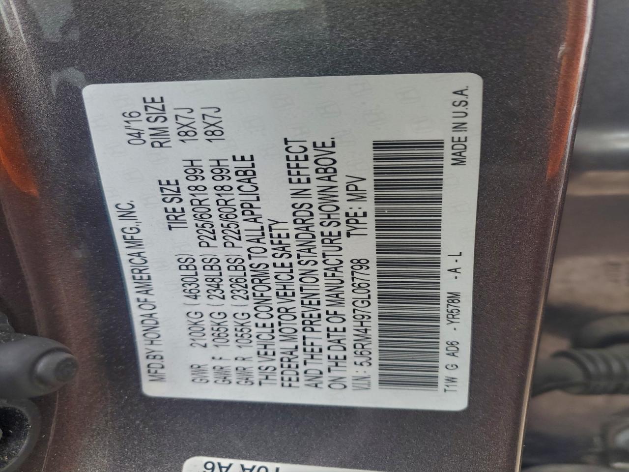 2016 Honda Cr-V Touring VIN: 5J6RM4H97GL067798 Lot: 94390235