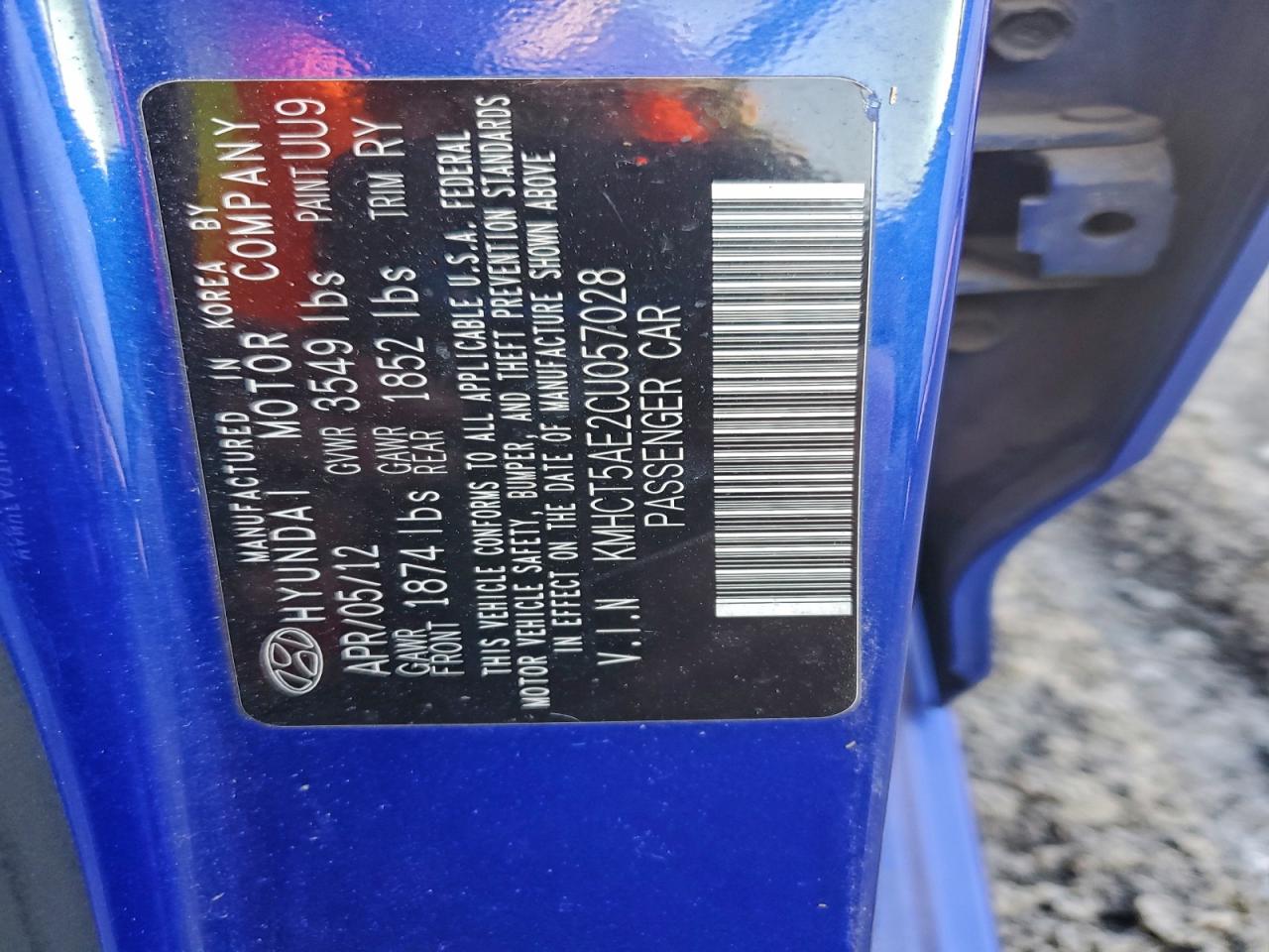 2012 Hyundai Accent Gls VIN: KMHCT5AE2CU057028 Lot: 95484195