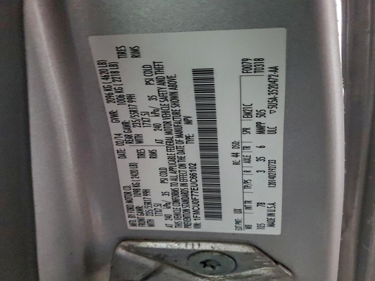 2014 Ford Escape S VIN: 1FMCU0F77EUC66102 Lot: 95565515