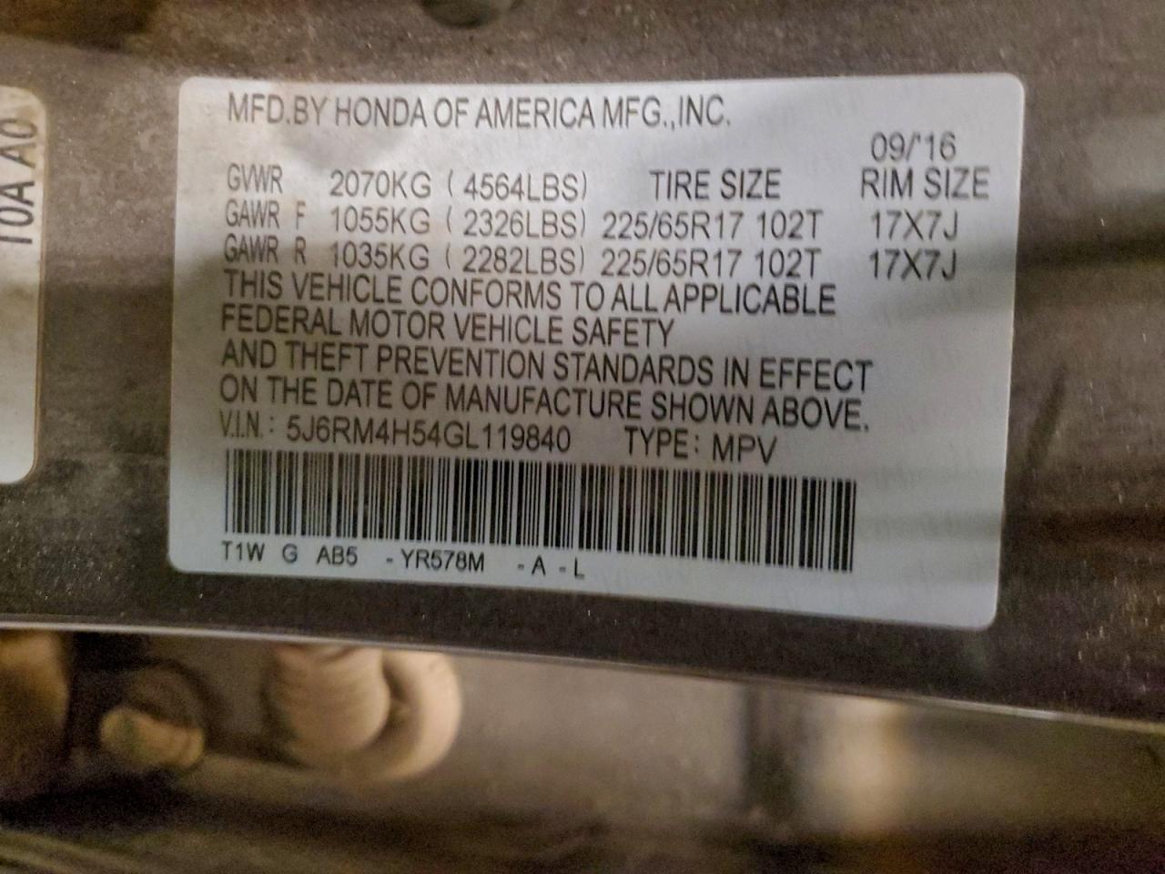 2016 Honda Cr-V Ex VIN: 5J6RM4H54GL119840 Lot: 94151365