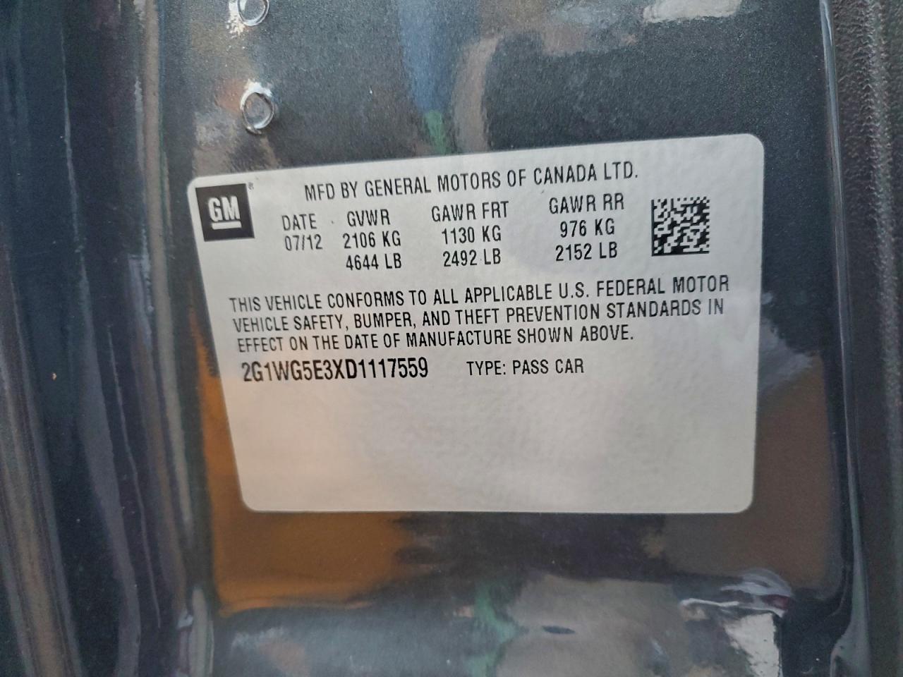 2013 Chevrolet Impala Lt VIN: 2G1WG5E3XD1117559 Lot: 96916305