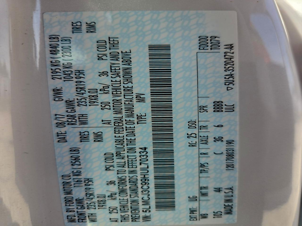 2017 Lincoln Mkc Reserve VIN: 5LMCJ3C99HUL70334 Lot: 95927705