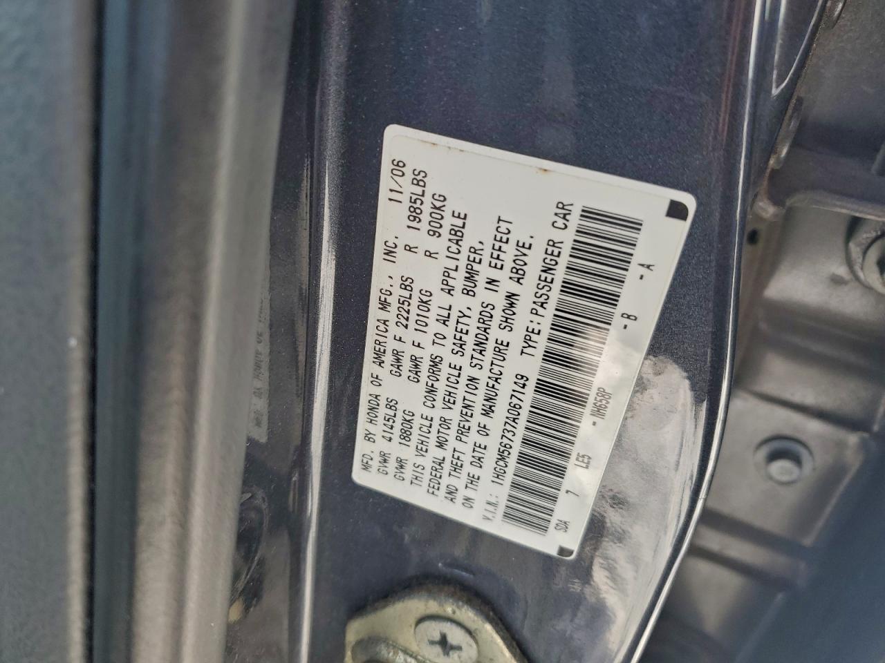 2007 Honda Accord Ex VIN: 1HGCM56737A067149 Lot: 96036985