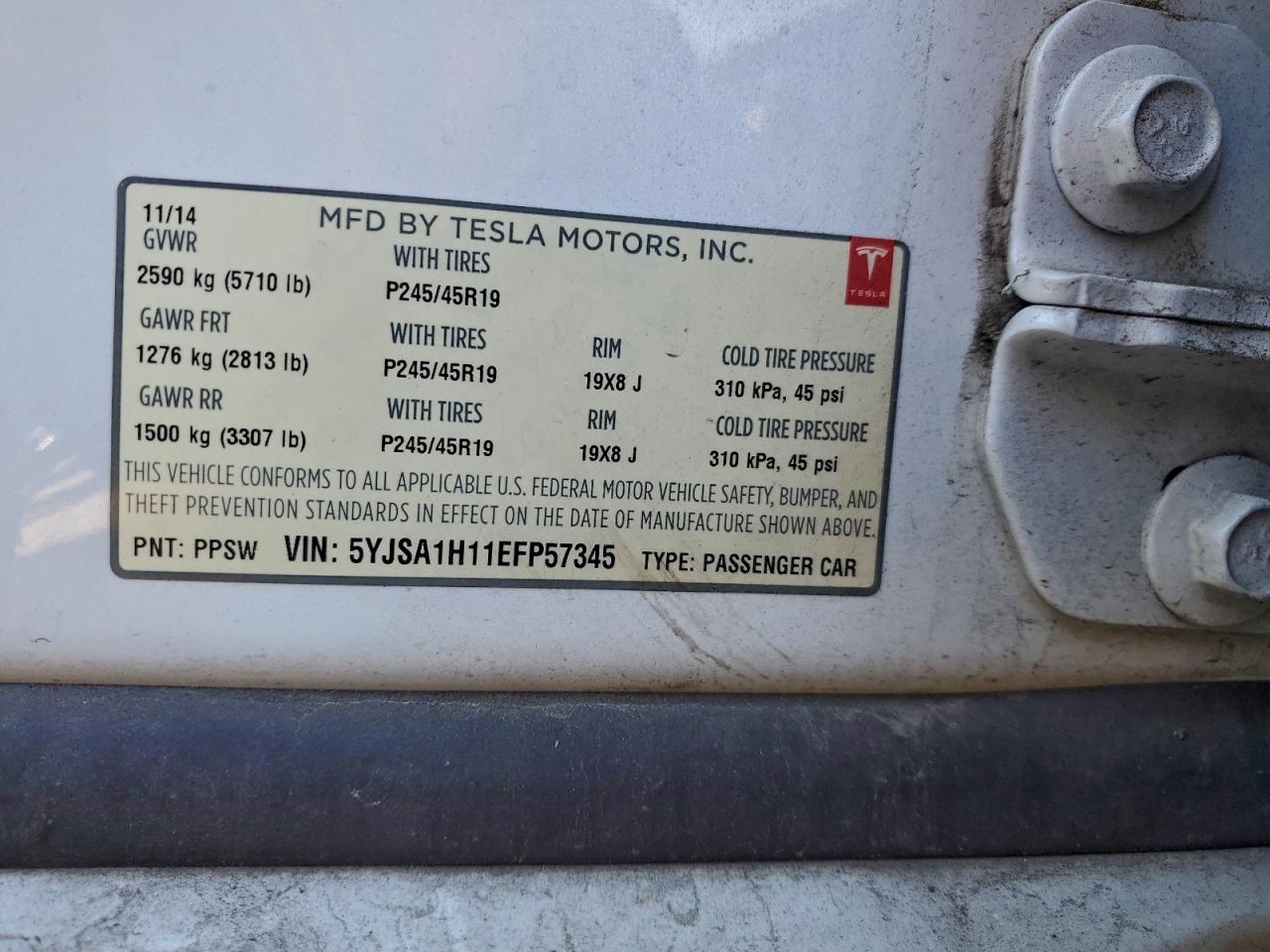 2014 Tesla Model S VIN: 5YJSA1H11EFP57345 Lot: 96141425