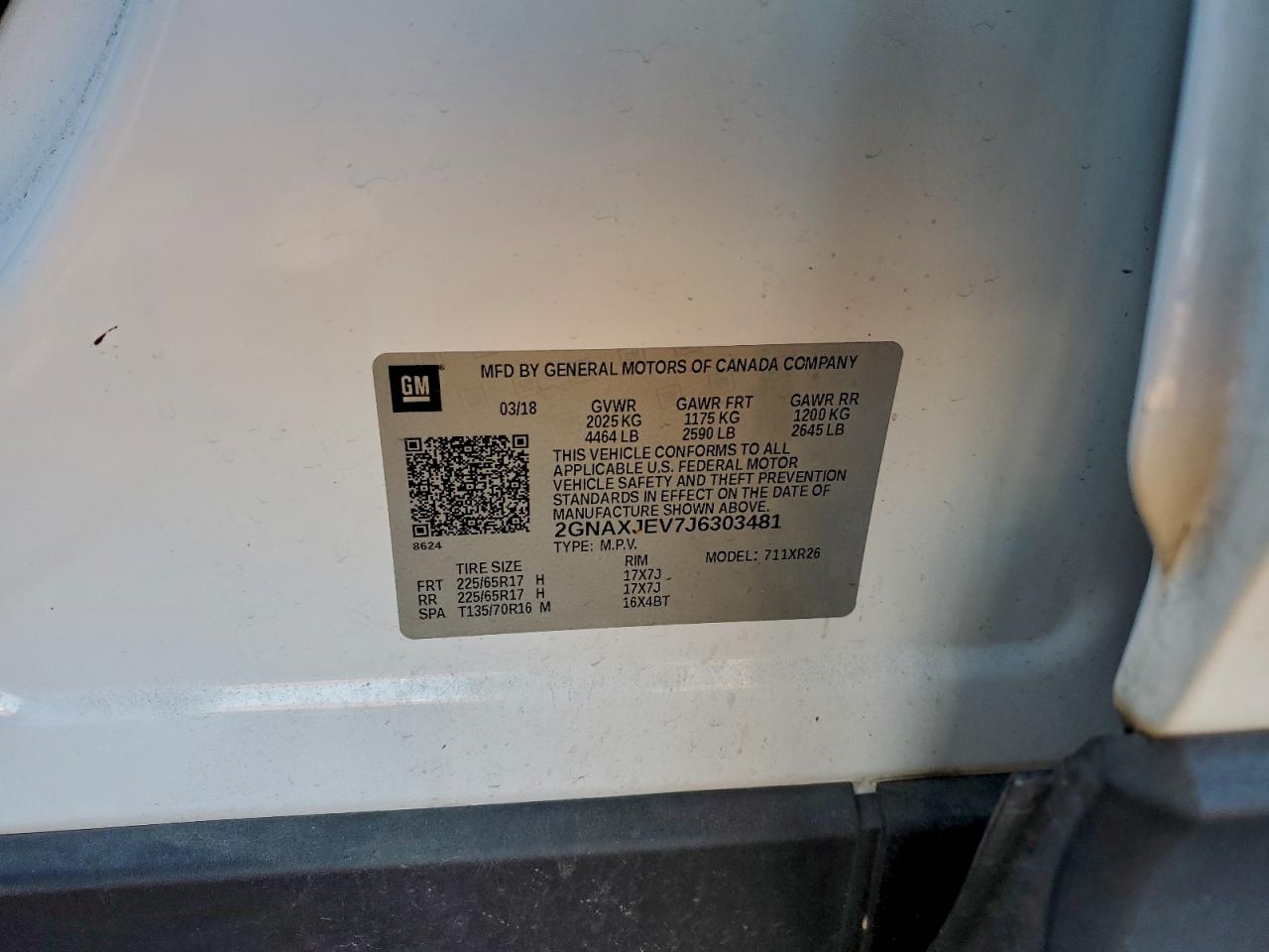 2018 Chevrolet Equinox Lt VIN: 2GNAXJEV7J6303481 Lot: 94461105