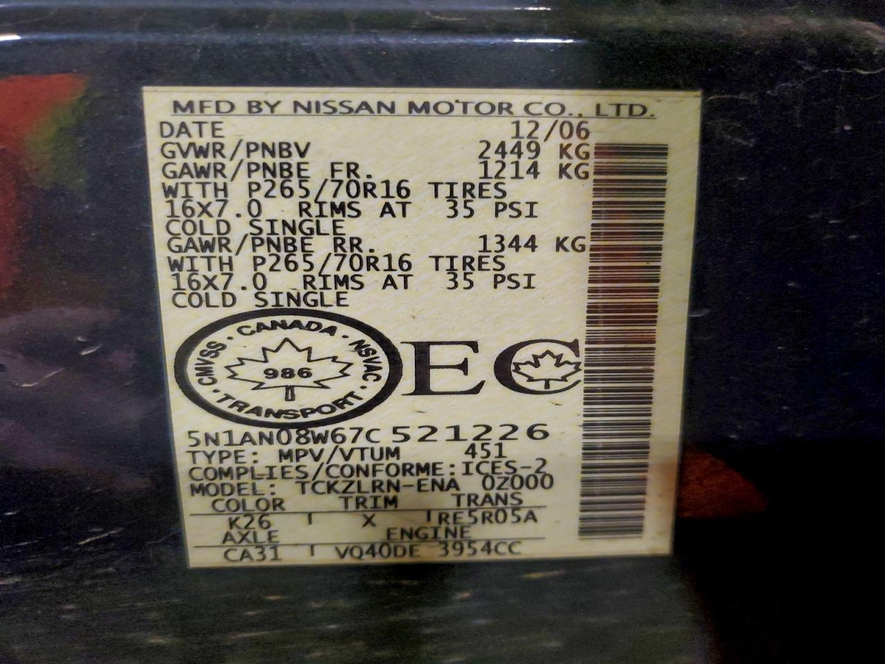 2007 Nissan Xterra Off Road VIN: 5N1AN08W67C521226 Lot: 95075045