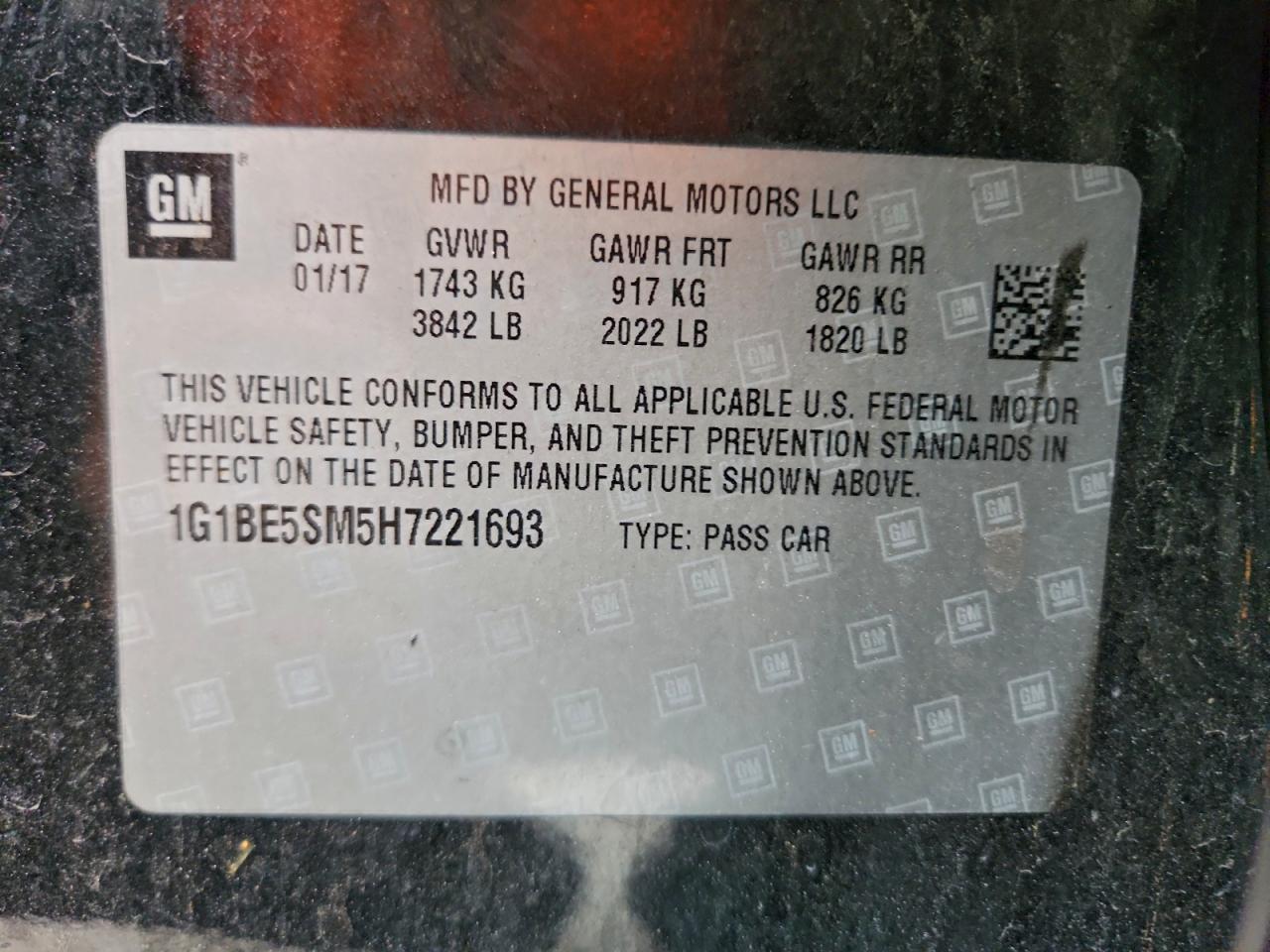 2017 Chevrolet Cruze Lt VIN: 1G1BE5SM5H7221693 Lot: 94305475