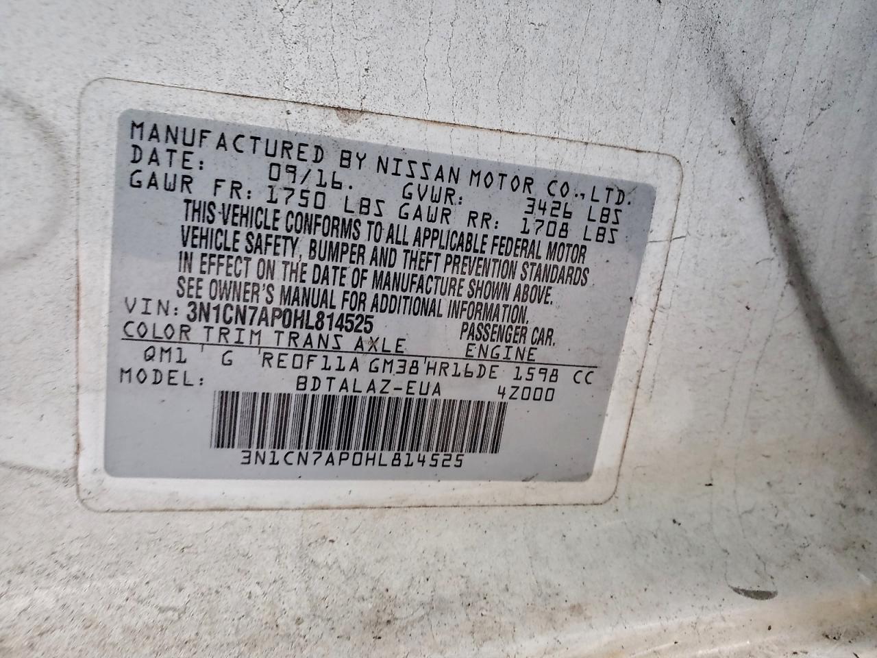 2017 Nissan Versa S VIN: 3N1CN7AP0HL814525 Lot: 94877395