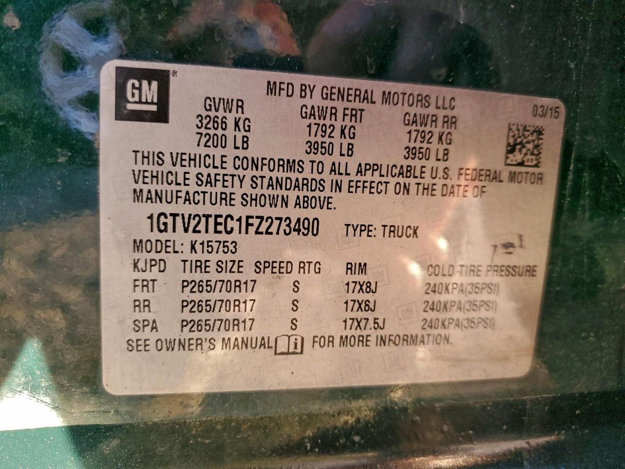 2015 GMC Sierra K1500 VIN: 1GTV2TEC1FZ273490 Lot: 95283095