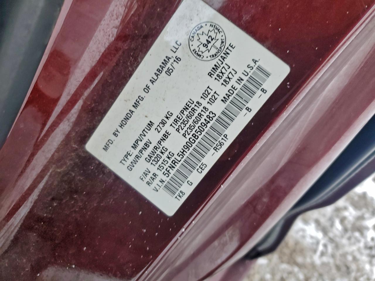 2016 Honda Odyssey Touring VIN: 5FNRL5H90GB509483 Lot: 95250715