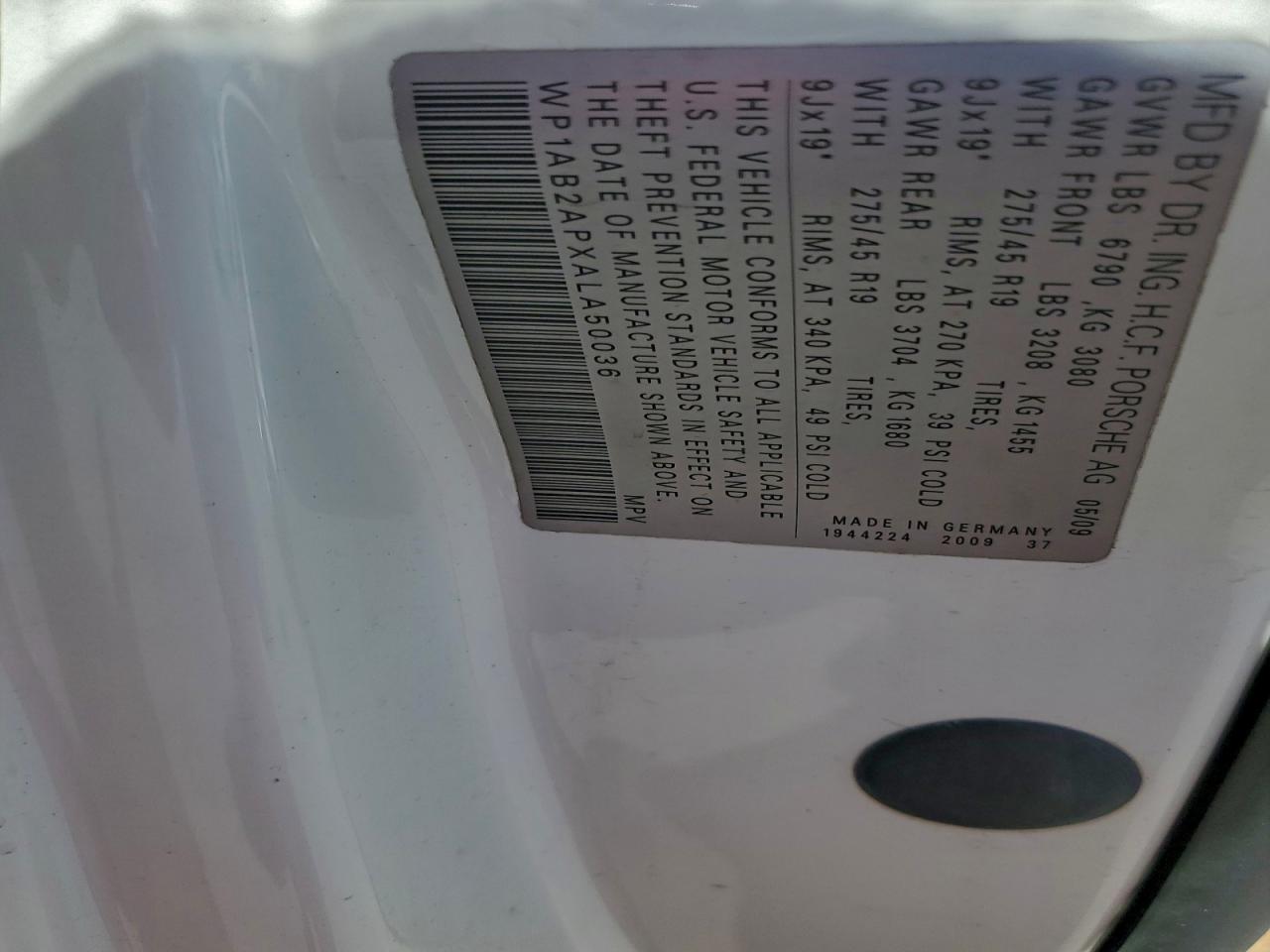 2010 Porsche Cayenne S VIN: WP1AB2APXALA50036 Lot: 96309305