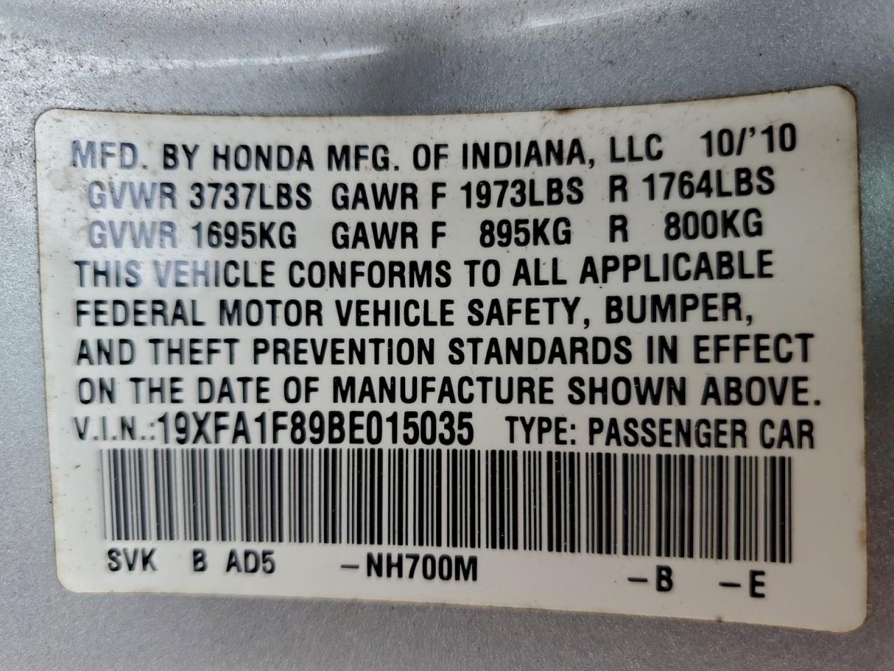 2011 Honda Civic Ex VIN: 19XFA1F89BE015035 Lot: 95544435