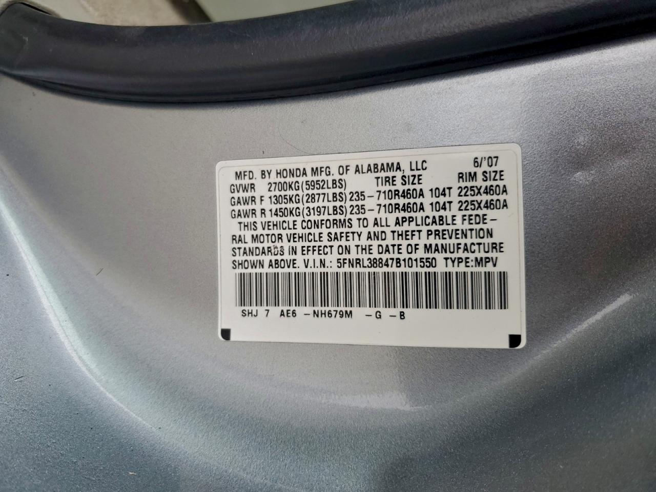 2007 Honda Odyssey Touring VIN: 5FNRL38847B101550 Lot: 95551675