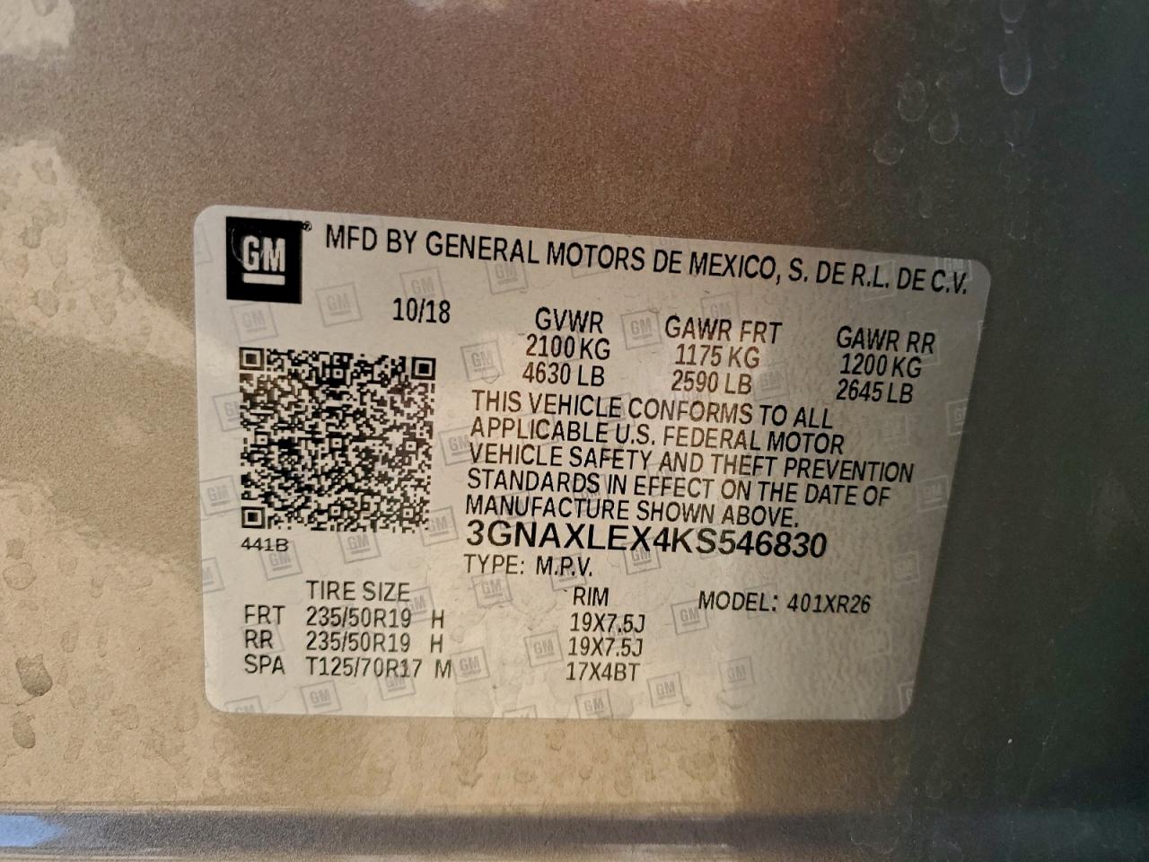 2019 Chevrolet Equinox Lt VIN: 3GNAXLEX4KS546830 Lot: 95026495