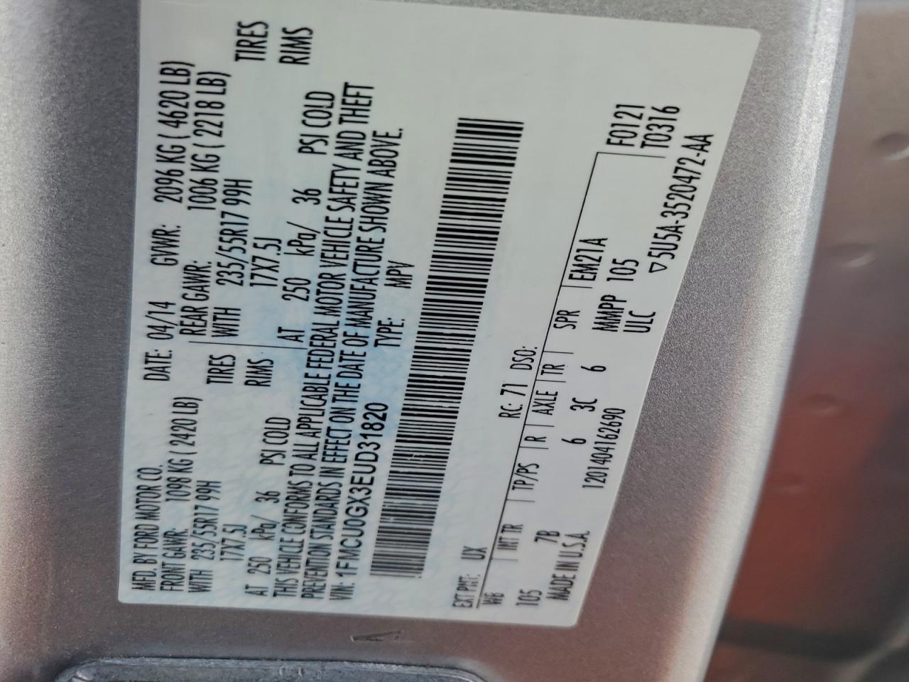 2014 Ford Escape Se VIN: 1FMCU0GX3EUD31820 Lot: 97015015