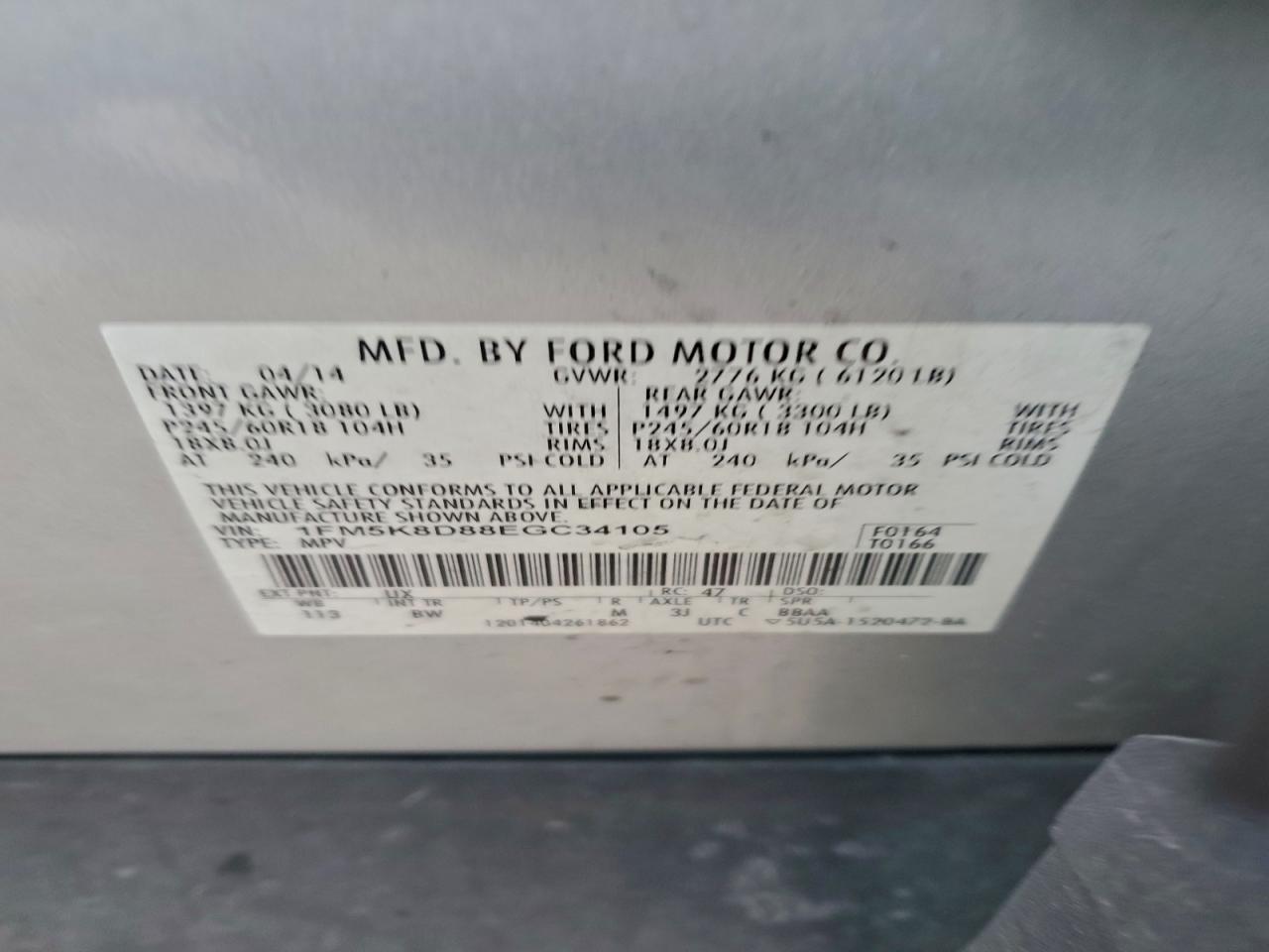 2014 Ford Explorer Xlt VIN: 1FM5K8D88EGC34105 Lot: 94014205