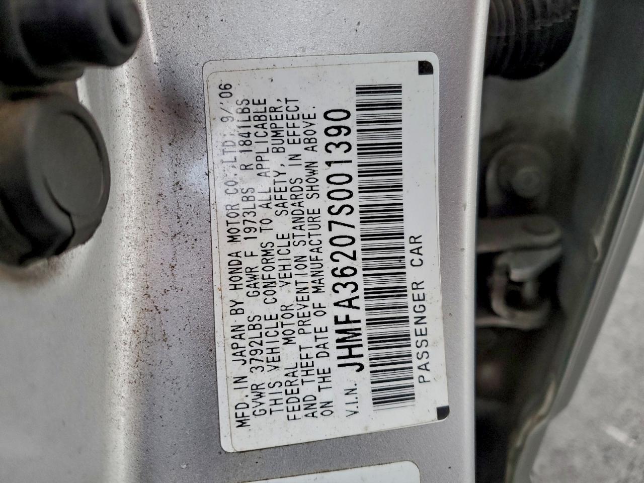 2007 Honda Civic Hybrid VIN: JHMFA36207S001390 Lot: 96455265