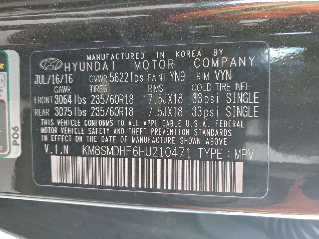 2017 Hyundai Santa Fe Se VIN: KM8SMDHF6HU210471 Lot: 94722605