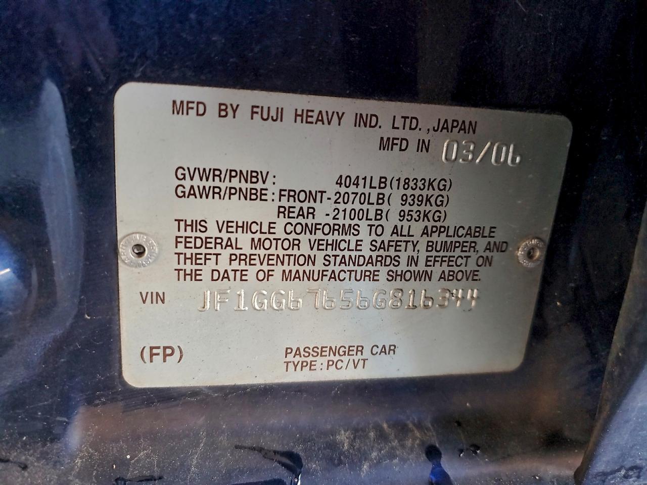 2006 Subaru Impreza 2.5I Sports Wagon VIN: JF1GG67656G816344 Lot: 95642115