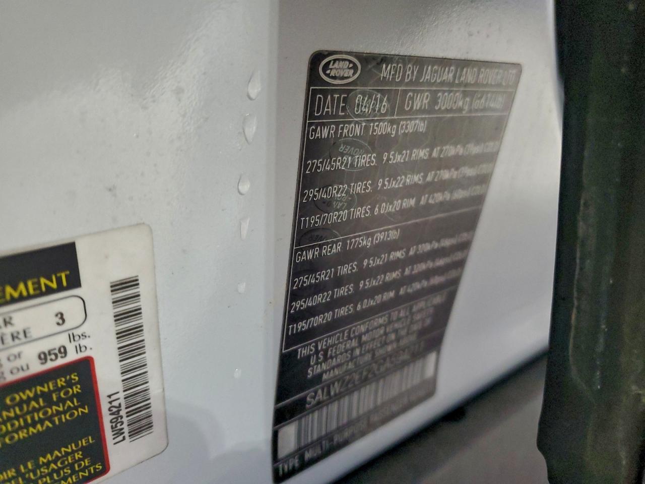 2016 Land Rover Range Rover Sport Svr VIN: SALWZ2EF2GA594211 Lot: 95815995